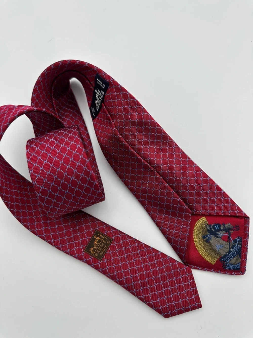 Hermès Paris Red Silk Tie – Classic H Pattern w/ Carriage Motif | 100% Silk